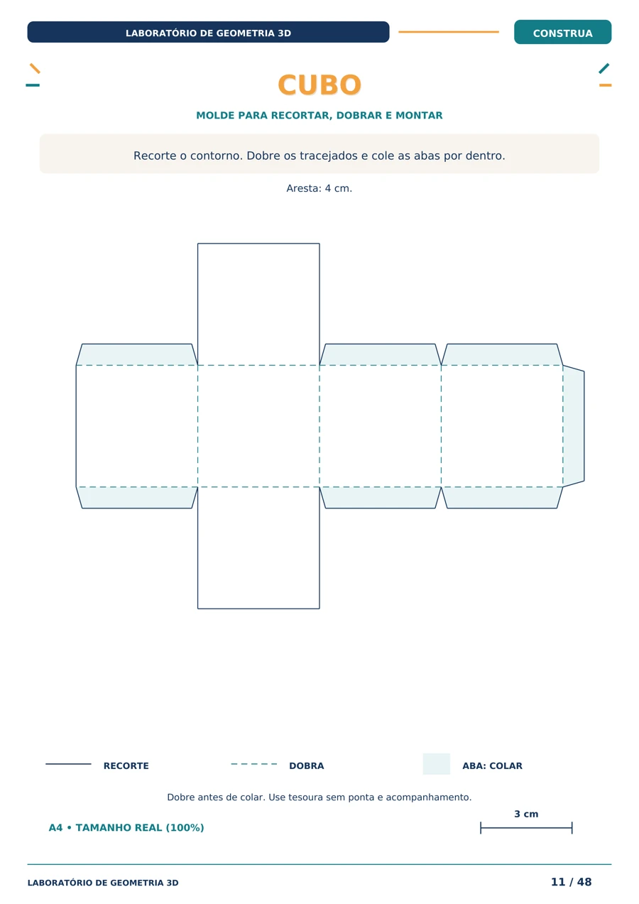 Planificação do cubo com abas e linhas de dobra